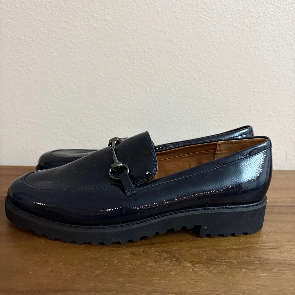 Franco Sarto Cason Loafers Size 11 Navy Blue Patent Horse Bit Lug Dark Academia